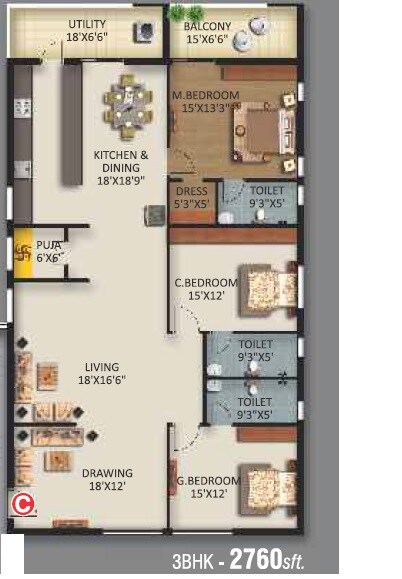 Floor plan of 3 BHK 2760 Sq. Ft. Apartment in AVL Samskruthi, Hyderabad