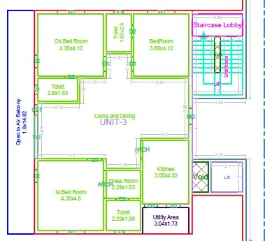 Floor plan of 3 BHK 2292 Sq. Ft. Apartment in AVR Avira, Hyderabad