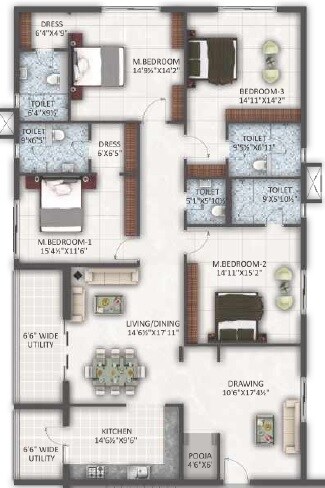 Floor plan of 4 BHK 3130 Sq. Ft. Apartment in Ayyanna Pristine, Hyderabad