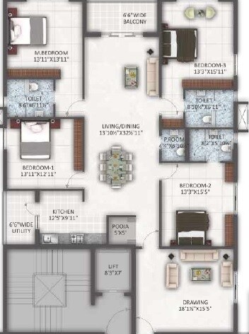 Floor plan of 4 BHK 3024 Sq. Ft. Apartment in Ayyanna Pristine, Hyderabad