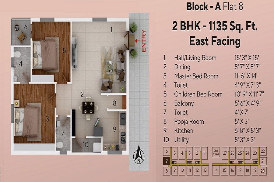 Floor plan of 2 BHK 1135 Sq. Ft. Apartment in Baddam Mahika Anidar, Hyderabad