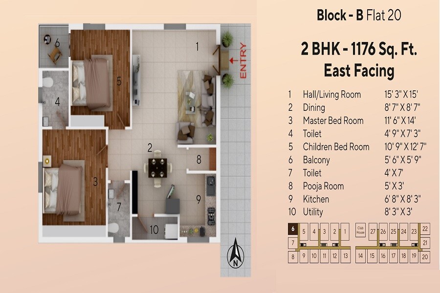 Floor plan of 2 BHK 1176 Sq. Ft. Apartment in Baddam Mahika Anidar, Hyderabad