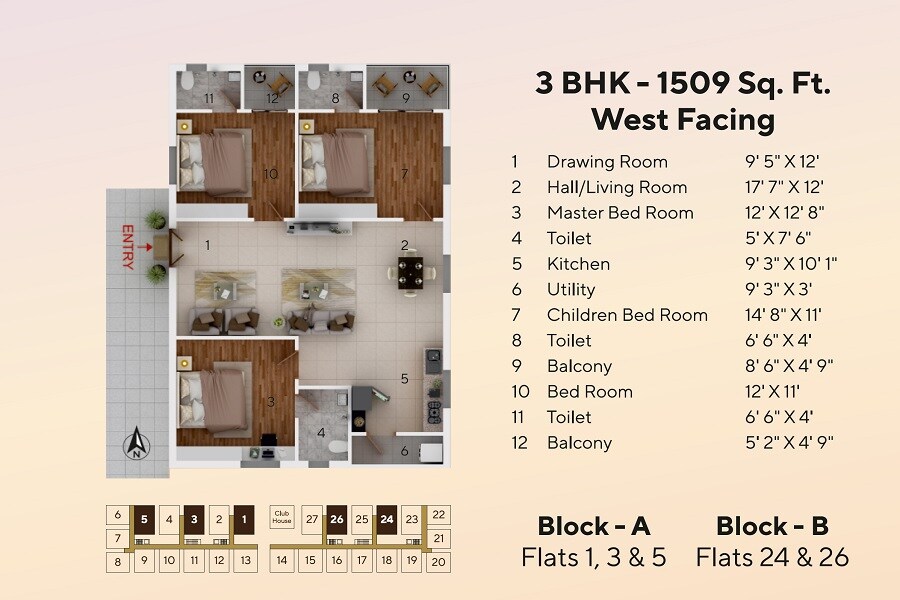 Floor plan of 3 BHK 1509 Sq. Ft. Apartment in Baddam Mahika Anidar, Hyderabad
