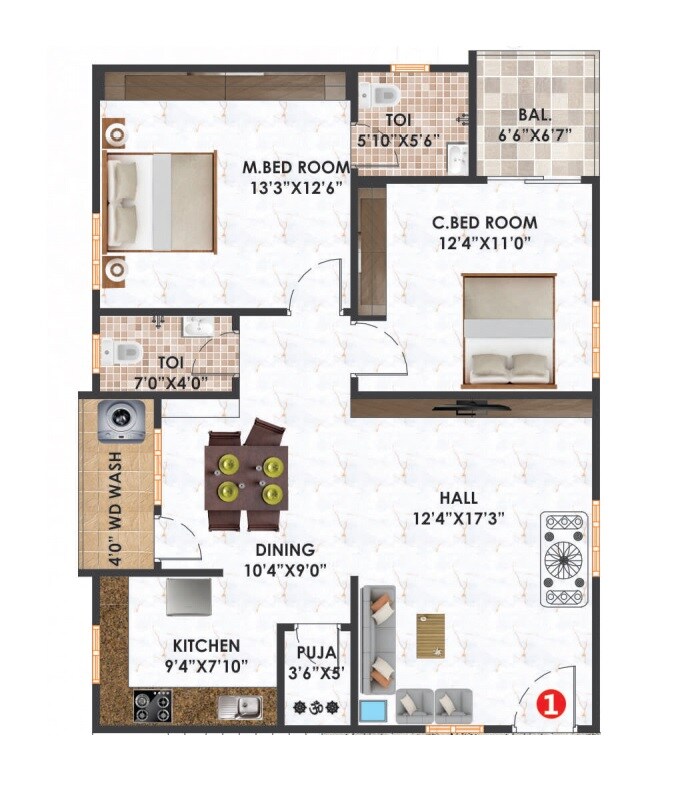 Floor plan of 2 BHK Apartment - 1250 sq. ft. in Bala Anurag Residency, Hyderabad