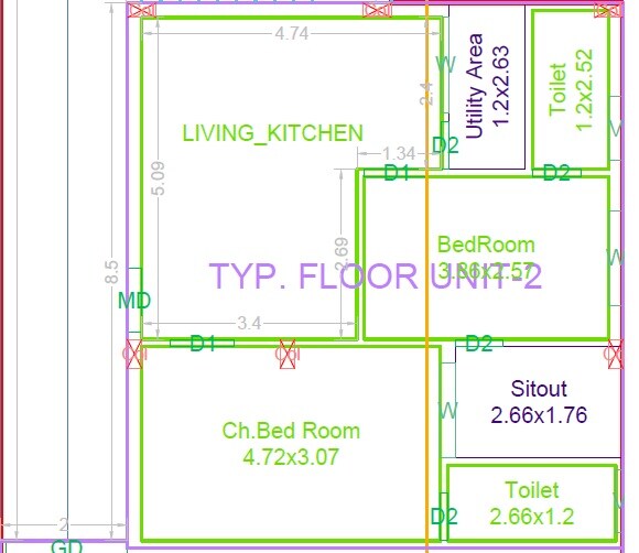 Floor plan of 2 BHK 1450 Sq. Ft. Apartment in Baladhama S Marvel, Hyderabad