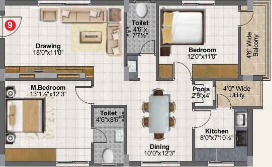 Floor plan of 2 BHK 1241 Sq. Ft. Apartment in Balaji Nest LB Nagar, Hyderabad