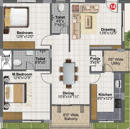 Floor plan of 2 BHK 1322 Sq. Ft. Apartment in Balaji Nest LB Nagar, Hyderabad