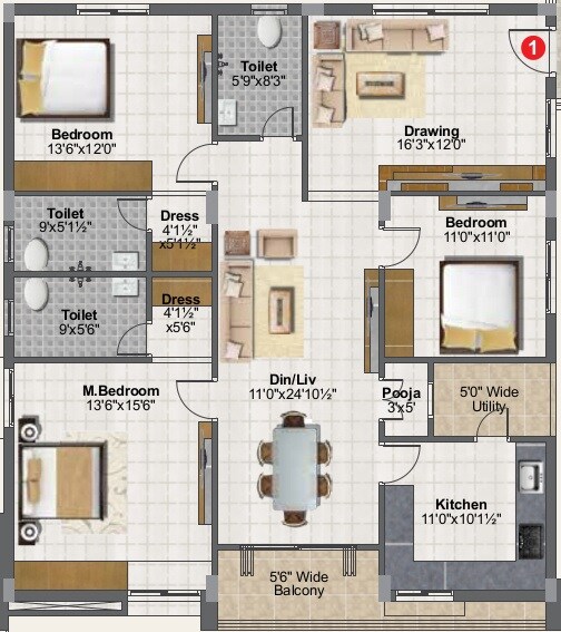 Floor plan of 3 BHK 1952 Sq. Ft. Apartment in Balaji Nest LB Nagar, Hyderabad