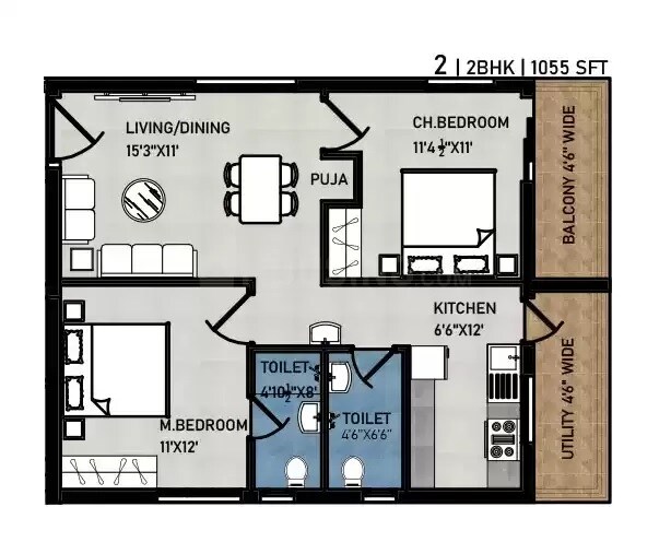 Floor plan of 2 BHK 1055 Sq. Ft. Apartment in Beams 4 Blocks, Hyderabad