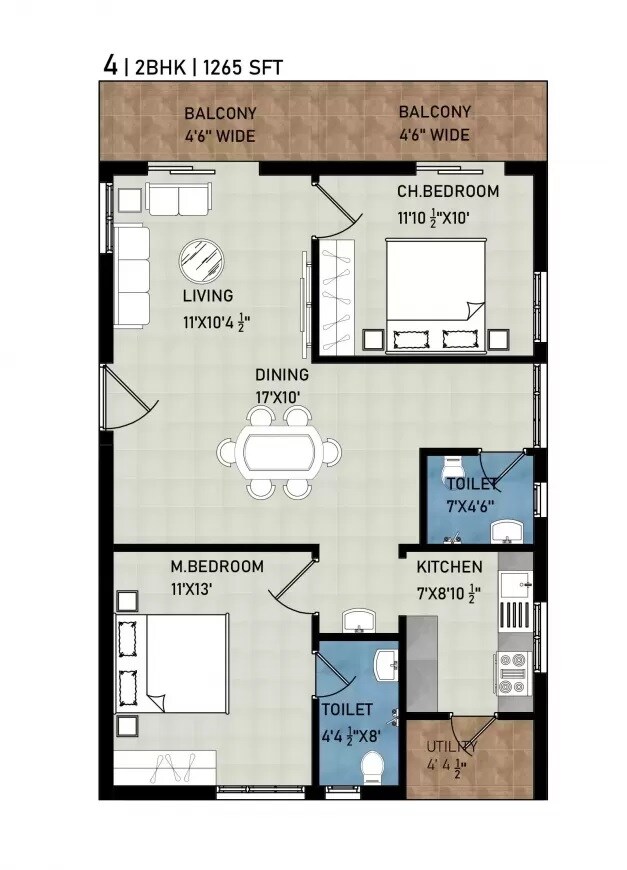 Floor plan of 2 BHK 1265 Sq. Ft. Apartment in Beams 4 Blocks, Hyderabad