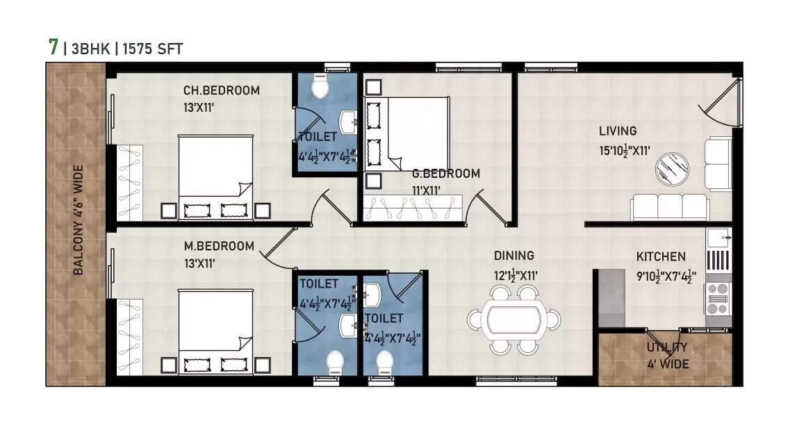 Floor plan of 3 BHK 1575 Sq. Ft. Apartment in Beams 4 Blocks, Hyderabad