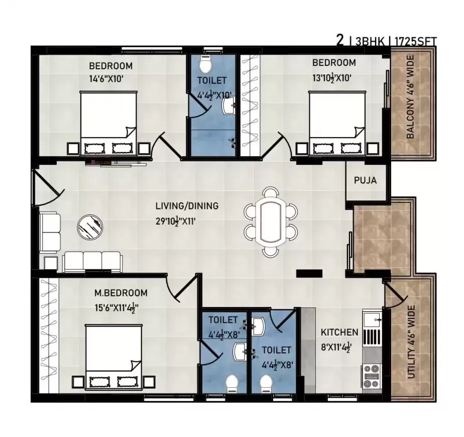 Floor plan of 3 BHK 1725 Sq. Ft. Apartment in Beams 4 Blocks, Hyderabad