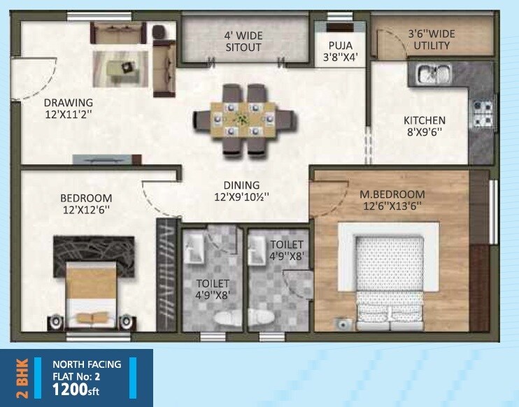 Floor plan of 2 BHK 1200 Sq. Ft. Apartment in Bensup Suraksha Lake Eden, Hyderabad