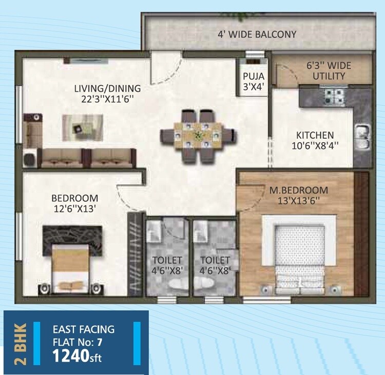 Floor plan of 2 BHK 1240 Sq. Ft. Apartment in Bensup Suraksha Lake Eden, Hyderabad