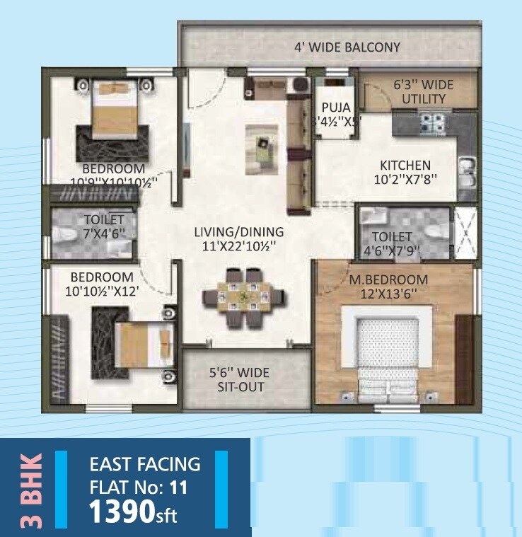 Floor plan of 3 BHK 1390 Sq. Ft. Apartment in Bensup Suraksha Lake Eden, Hyderabad