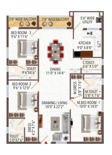 Floor plan of 3 BHK 1644 Sq. Ft. Apartment in BGR Shweta Pearl, Hyderabad