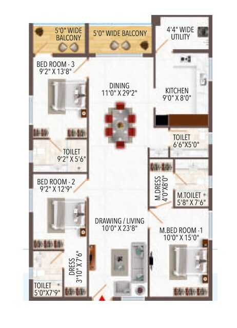 Floor plan of 3 BHK 1850 Sq. Ft. Apartment in BGR Shweta Pearl, Hyderabad