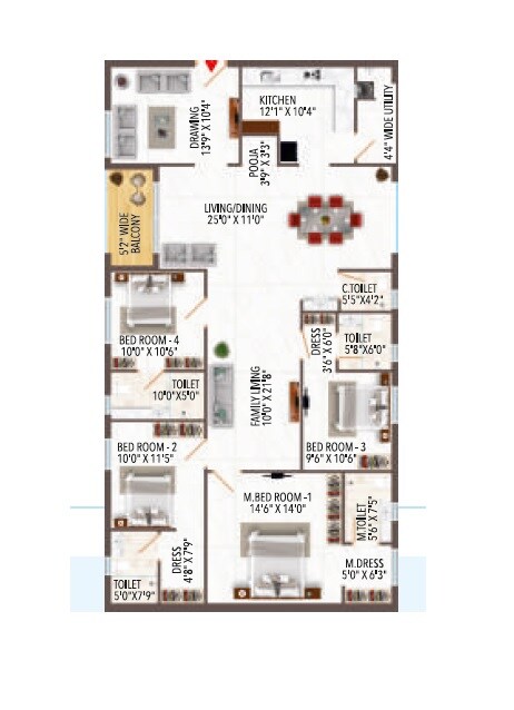 Floor plan of 4 BHK 2345 Sq. Ft. Apartment in BGR Shweta Pearl, Hyderabad