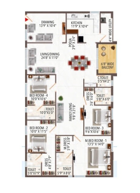 Floor plan of 4 BHK 2372 Sq. Ft. Apartment in BGR Shweta Pearl, Hyderabad