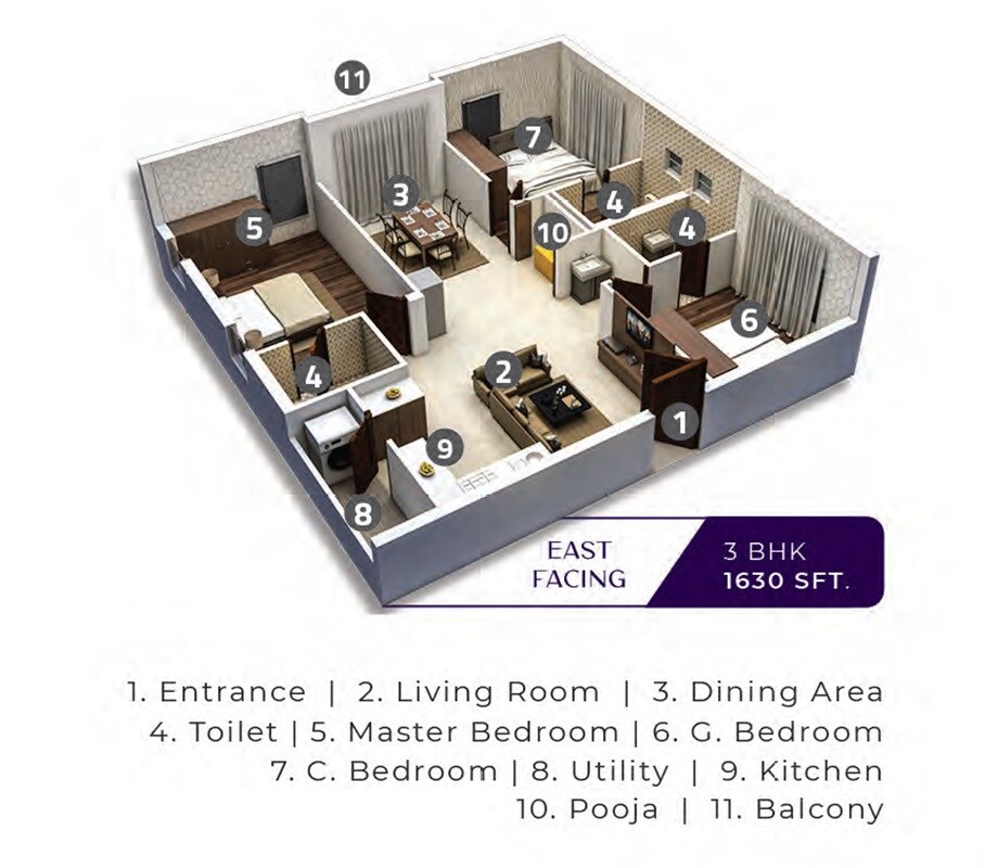 Floor plan of 3 BHK 1630 Sq. Ft. Apartment in Bhanodaya Crystal, Hyderabad