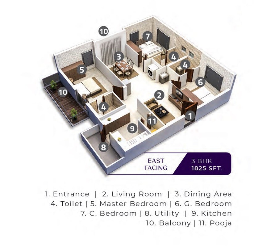 Floor plan of 3 BHK 1825 Sq. Ft. Apartment in Bhanodaya Crystal, Hyderabad