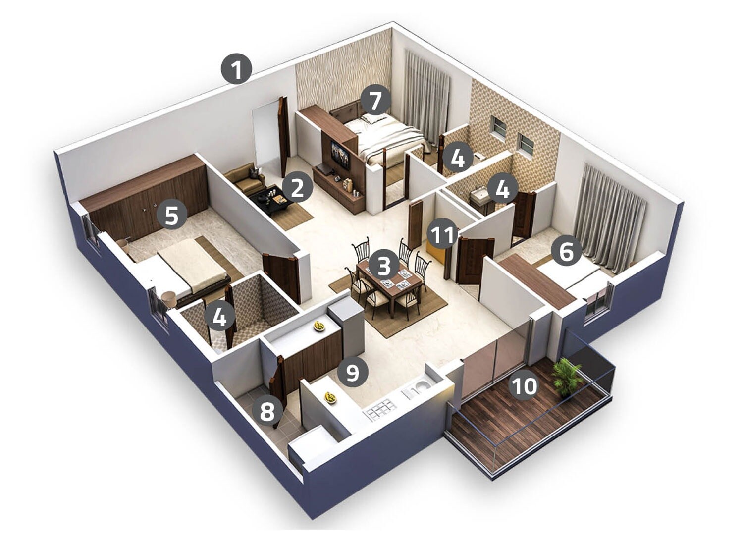 Floor plan of 3 BHK 1630 Sq. Ft. Apartment in Bhanodayas Crystal, Hyderabad