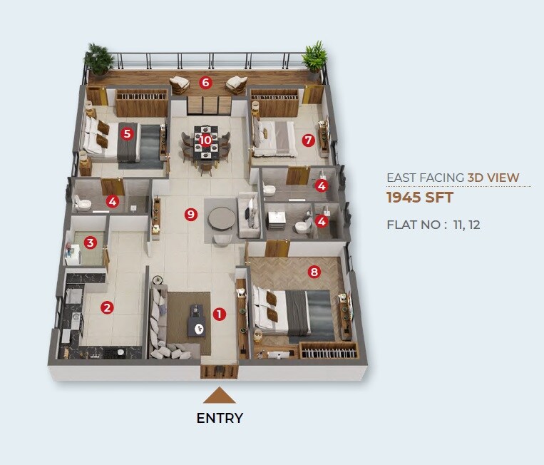 Floor plan of 3 BHK 1945 Sq. Ft. Apartment in Bharathi Horizon, Hyderabad