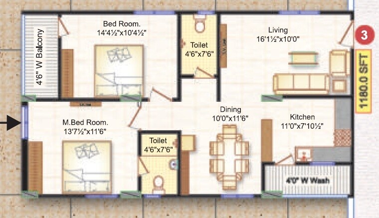 Floor plan of 2 BHK Apartment - 1180 sq. ft. in Bhaswini City Square, Hyderabad