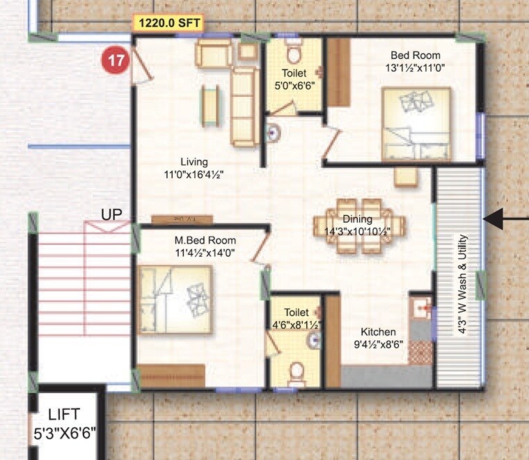 Floor plan of 2 BHK Apartment - 1220 sq. ft. in Bhaswini City Square, Hyderabad
