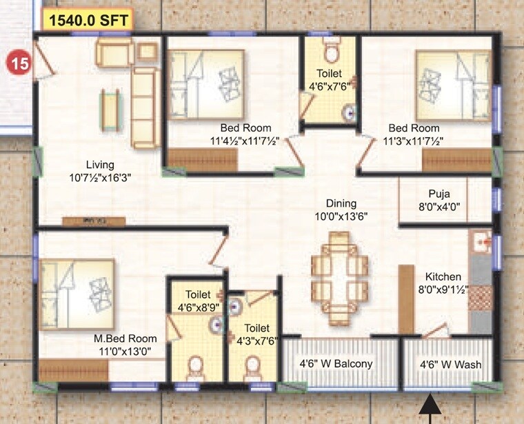 Floor plan of 3 BHK Apartment - 1540 sq. ft. in Bhaswini City Square, Hyderabad