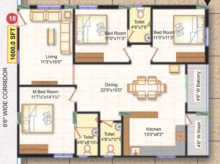 Floor plan of 3 BHK Apartment - 1600 sq. ft. in Bhaswini City Square, Hyderabad
