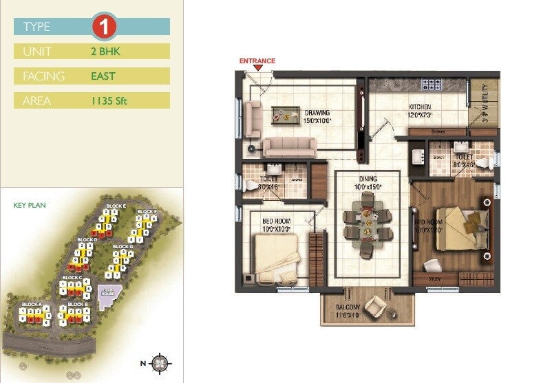 Floor plan of 2 BHK 1135 Sq. Ft. Apartment in Bhavyas Tulasi Vanam, Hyderabad