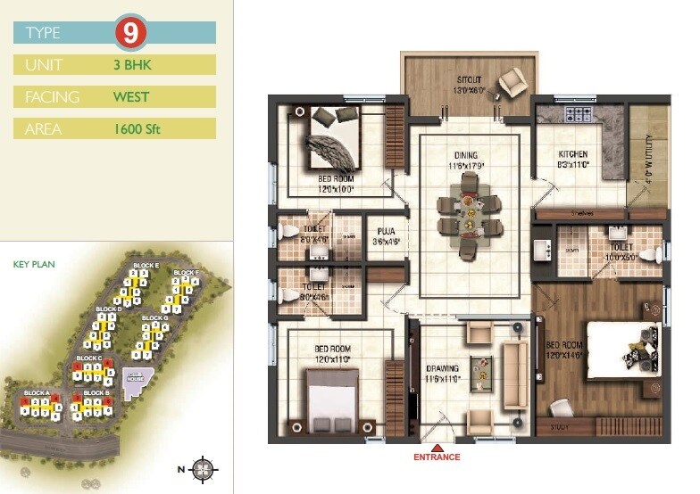 Floor plan of 3 BHK 1600 Sq. Ft. Apartment in Bhavyas Tulasi Vanam, Hyderabad