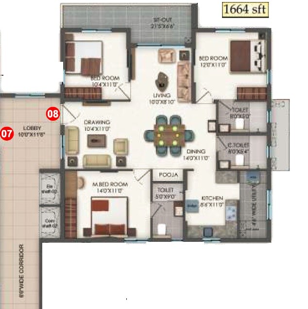 3 BHK 1664 Sq. Ft. Apartment
