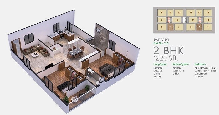 Floor plan of 2 BHK 1220 Sq. Ft. Apartment in Bhuvanas Urban Greens, Hyderabad