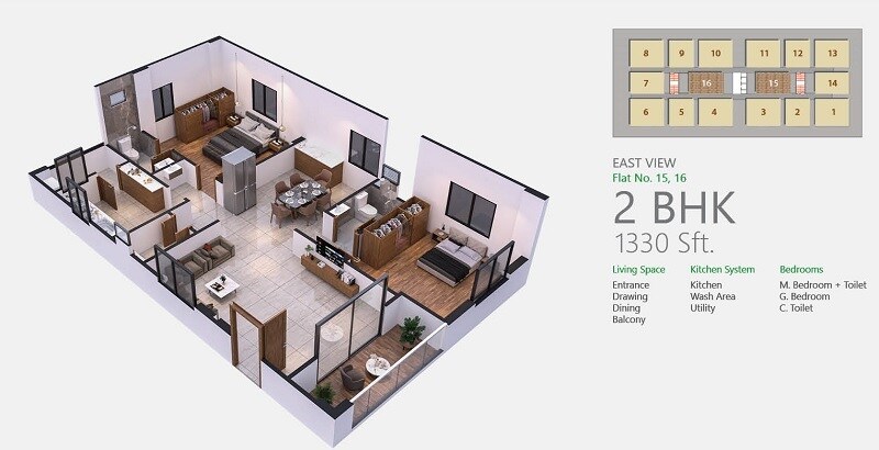 Floor plan of 2 BHK 1330 Sq. Ft. Apartment in Bhuvanas Urban Greens, Hyderabad