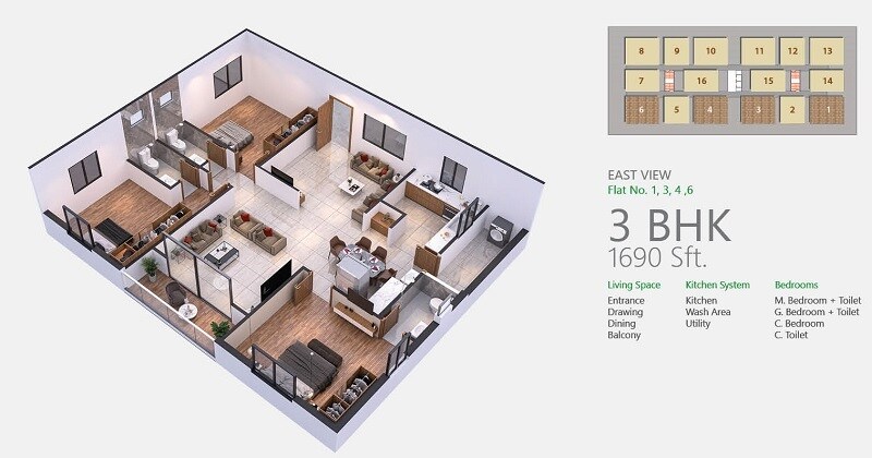 Floor plan of 3 BHK 1690 Sq. Ft. Apartment in Bhuvanas Urban Greens, Hyderabad