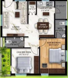 Floor plan of 2 BHK 1000 Sq. Ft. Apartment in Bhuvanteza EVK Avasa, Hyderabad