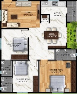 Floor plan of 3 BHK 1300 Sq. Ft. Apartment in Bhuvanteza EVK Avasa, Hyderabad