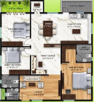 Floor plan of 3 BHK 2000 Sq. Ft. Apartment in Bhuvanteza EVK Avasa, Hyderabad