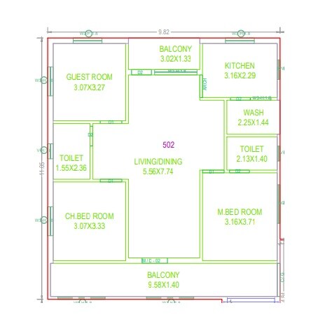 Floor plan of 3 BHK 1305 Sq. Ft. Apartment in Bhuvija Abhishta Residency, Hyderabad