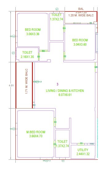 Floor plan of 3 BHK 1679 Sq. Ft. Apartment in Bindu Sri Viveda Meadows, Hyderabad