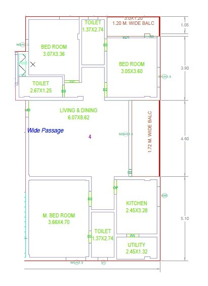 Floor plan of 3 BHK 1690 Sq. Ft. Apartment in Bindu Sri Viveda Meadows, Hyderabad