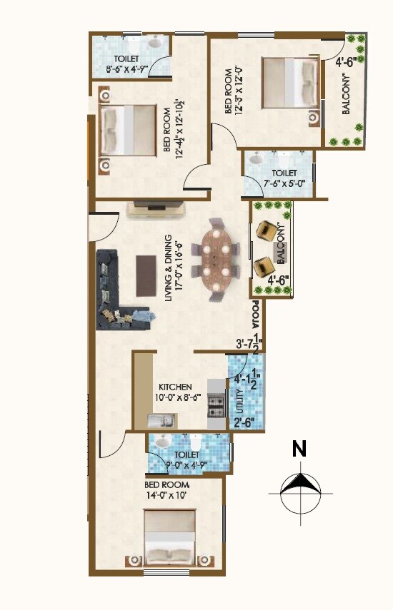 Floor plan of 3 BHK 1647 Sq. Ft. Apartment in Bindu Vempati Enclave, Hyderabad