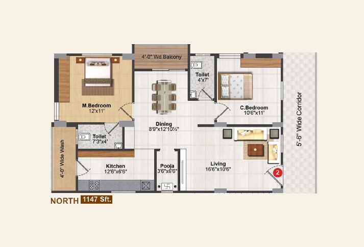 Floor plan of 2 BHK 1147 Sq. Ft. Apartment in BK Karthikeya Imperial, Hyderabad