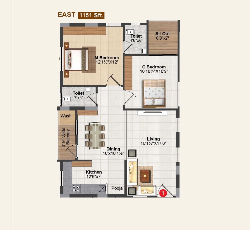 Floor plan of 2 BHK 1151 Sq. Ft. Apartment in BK Karthikeya Imperial, Hyderabad