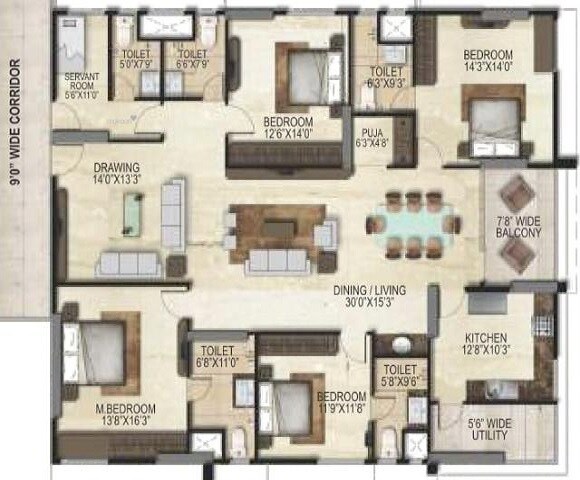 Floor plan of 4 BHK 2200 Sq. Ft. Apartment in Blu Sri Sri County, Hyderabad