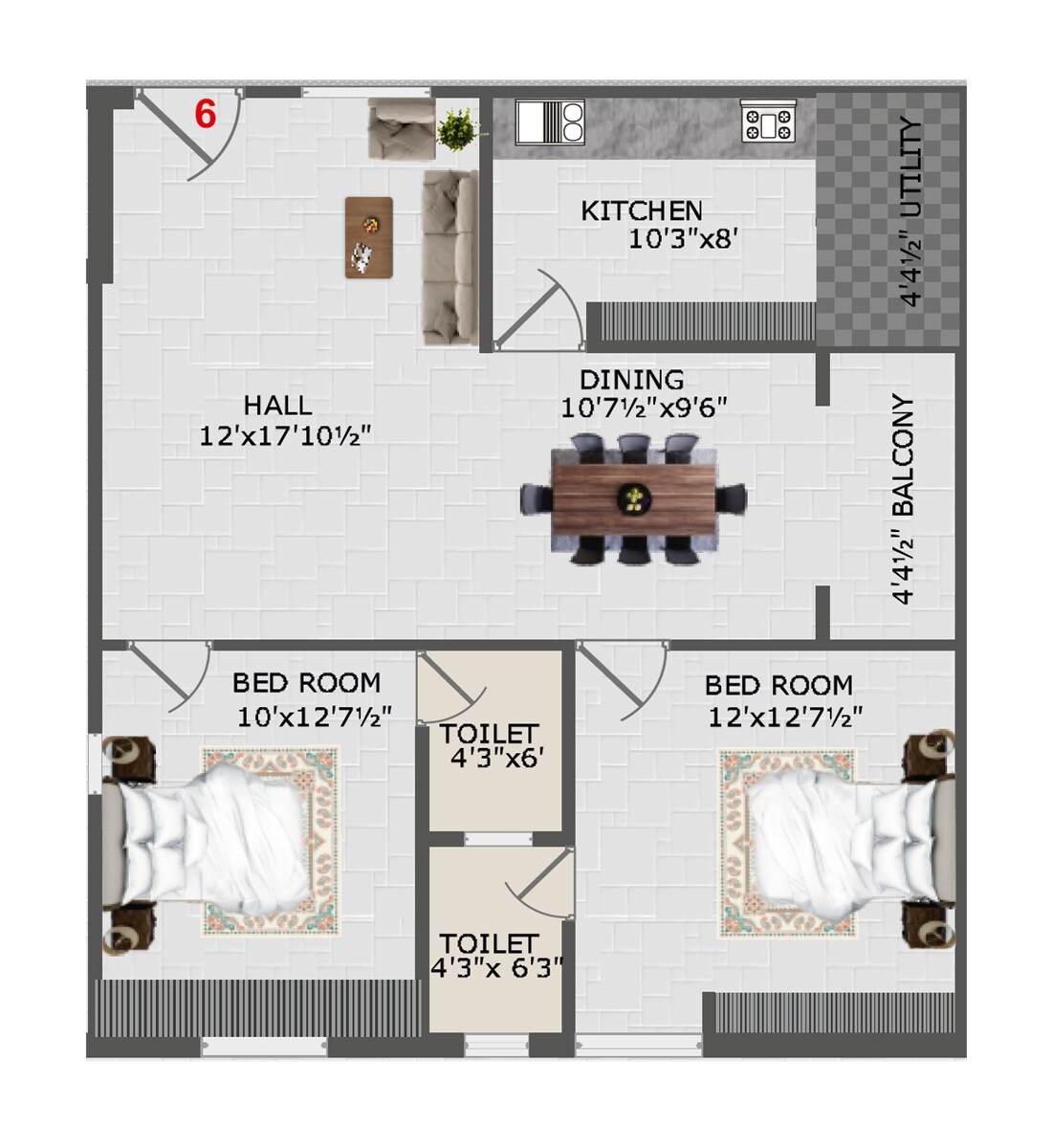 Floor plan of 2 BHK 1206 Sq. Ft. Apartment in Bluestone Navya MSR Homes, Hyderabad