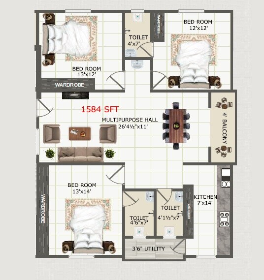 Floor plan of 3 BHK 1584 Sq. Ft. Apartment in Bluestone Navya Ram, Hyderabad