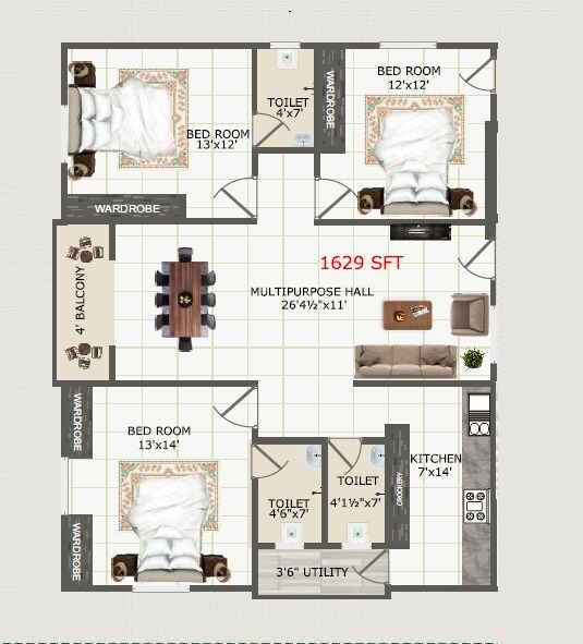 Floor plan of 3 BHK 1629 Sq. Ft. Apartment in Bluestone Navya Ram, Hyderabad